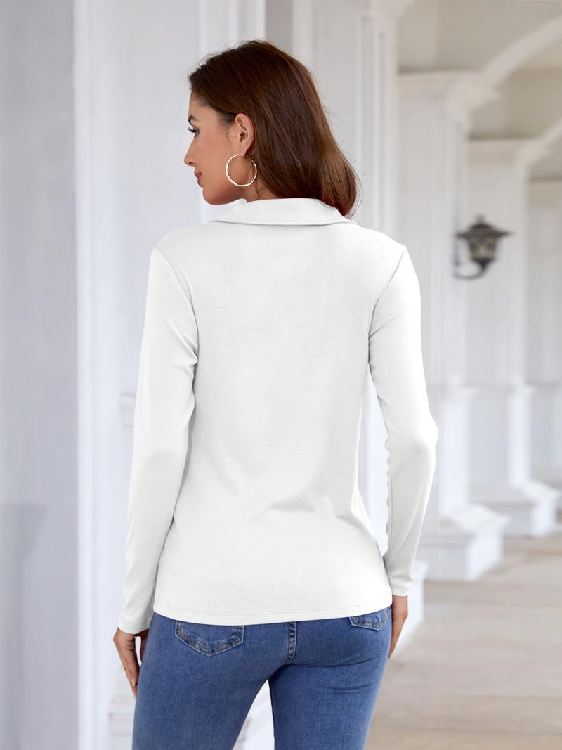 Minetom Womens Long Sleeve Tops V Neck Shirts Quarter Zip Pullover Collared Casual Tops Fall Clothes A White - Image 3