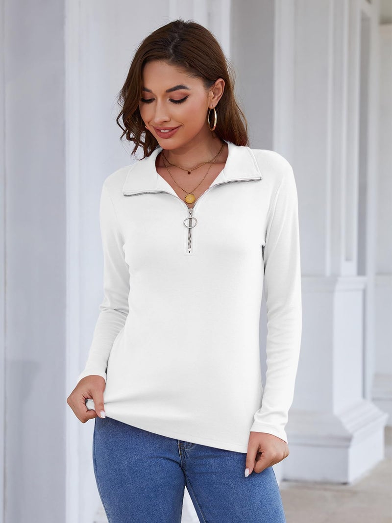 Minetom Womens Long Sleeve Tops V Neck Shirts Quarter Zip Pullover Collared Casual Tops Fall Clothes A White - Image 4