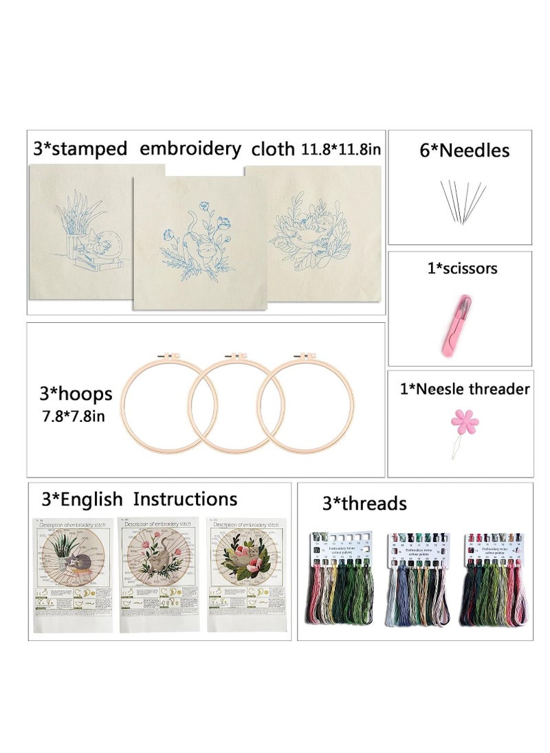 SYOSI - Cat Embroidery Kit, Adult Embroidery Kit, DIY Adult Beginner Cross Stitch Kits Set of 3 Patterns, with 3 Sets of Threads, Needles and Instruction Manual - Image 1