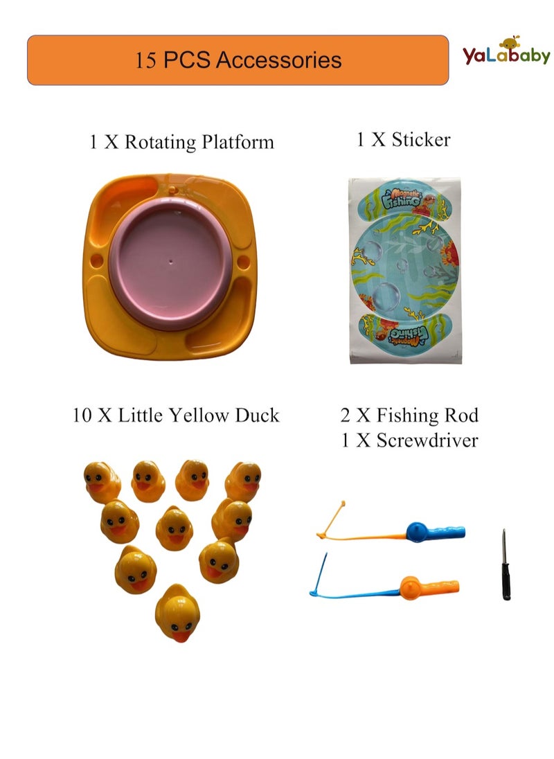 YalaBaby - 15pcs Electric Rotating Fishing Toy Magnetic Little Yellow Duck Hooking Playing Set With Music Sound  Educational and Fun Gift for Boys Girls Unisex Aged 3 and Above - Image 1