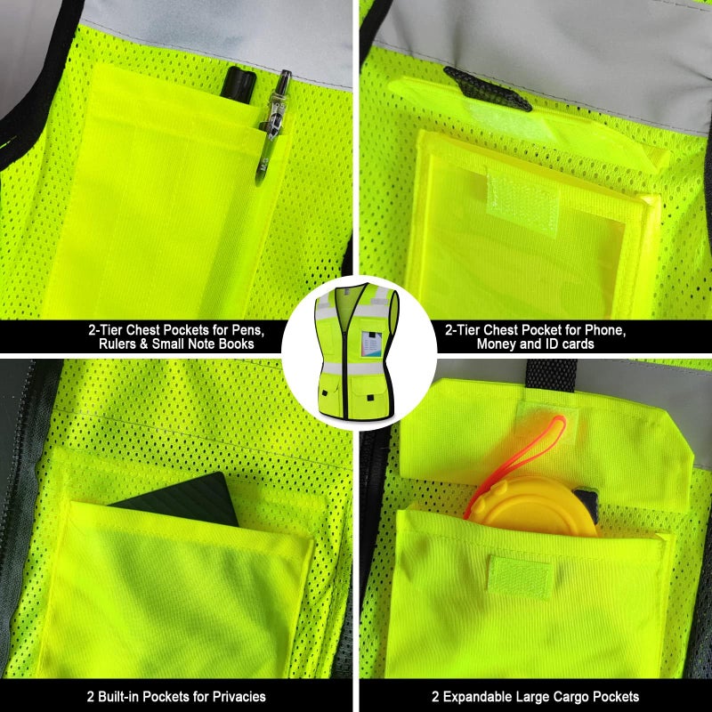 TCCFCCT Safety Vest for Women 11 Pockets Mesh Reflective Vest with Zipper, High Visibility Neon Construction Work Vest for Lady Workers/Drivers, Snug-Fit & Durable, ANSI Compliant, Yellow M - Image 4