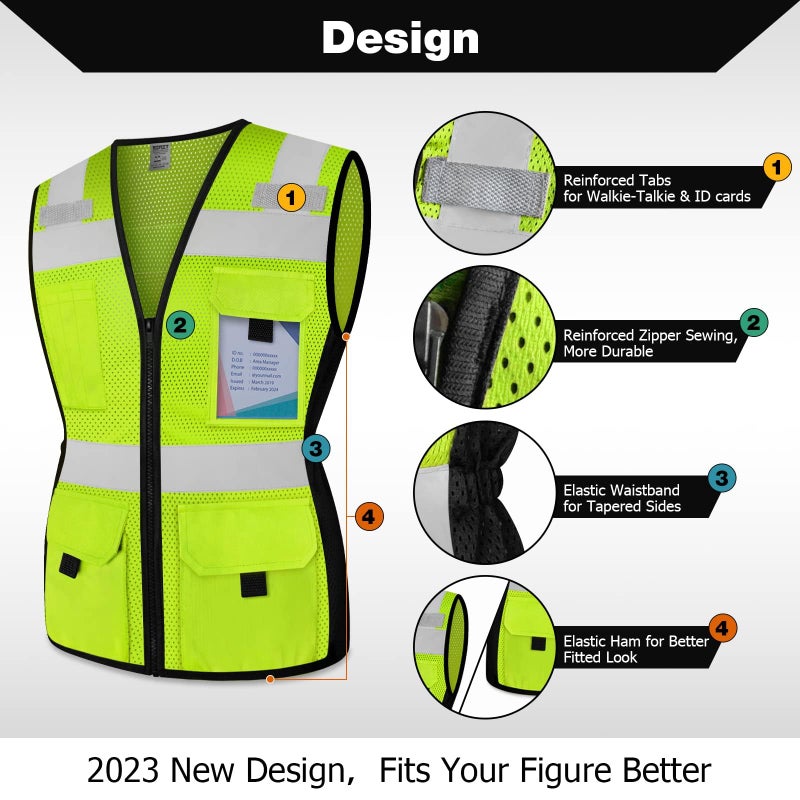 TCCFCCT Safety Vest for Women 11 Pockets Mesh Reflective Vest with Zipper, High Visibility Neon Construction Work Vest for Lady Workers/Drivers, Snug-Fit & Durable, ANSI Compliant, Yellow M - Image 3
