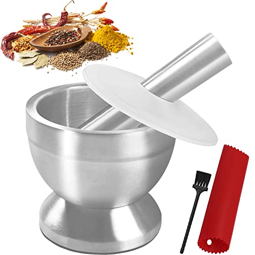 KEISSCO Stainless Steel Mortar and Pestle Set, Spices Grinder Pill Crusher with Silicone Protective Lid - Heavy Duty Mortar Pestle for Molcajete Herb Bowl, Pesto Powder, Spices Herbs Grinder - Image 1