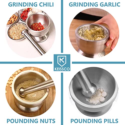 KEISSCO Stainless Steel Mortar and Pestle Set, Spices Grinder Pill Crusher with Silicone Protective Lid - Heavy Duty Mortar Pestle for Molcajete Herb Bowl, Pesto Powder, Spices Herbs Grinder - Image 3