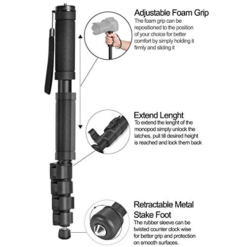 Acuvar 62' Inch Monopod with Integrated Safety Strap and 4 Section Extending Pole for All Digital Cameras, DSLR, Mirrorless, Compact Cameras, Camcorders & Cell Phones - Image 2