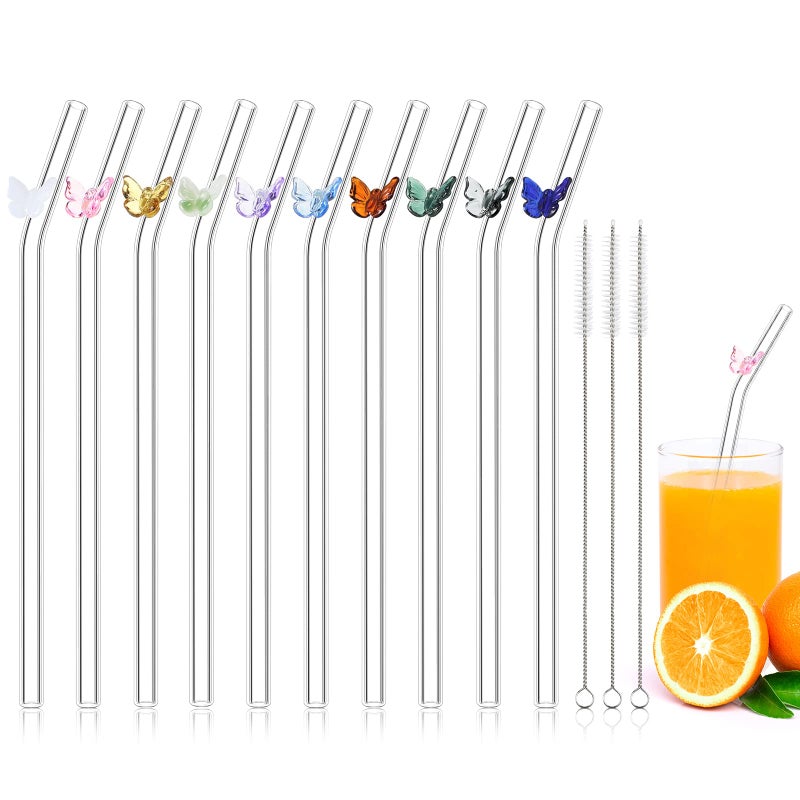 ميبلان 10 قطع قش زجاجي قابل لإعادة الاستخدام بتصميم 8 مم × 79 مم مقاوم للكسر ملون على شكل فراشة مع قوس زجاجي منحني شفاف مع فرشاة تنظيف للمشروبات الحفلات الميلك شيك الشاي الكوكتيل العصير