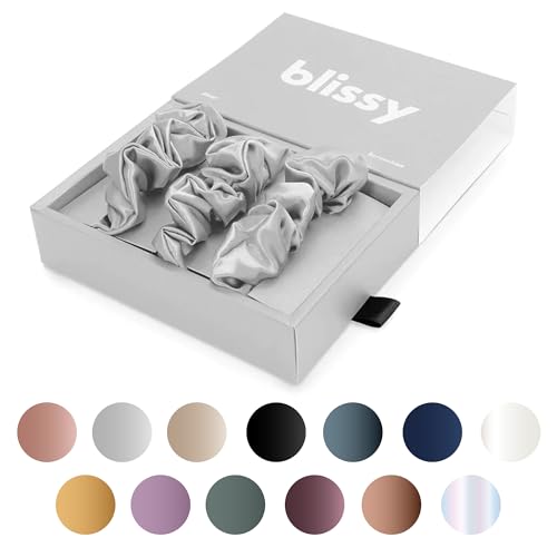 Blissy Silk Scrunchies 3 Pack 100 Pure Mulberry Silk 22 Momme 6A HighGrade Fibers Scrunchie for Straight Curly Hair Preventing Breakage Tangling Creasing Silver Regular - Image 1