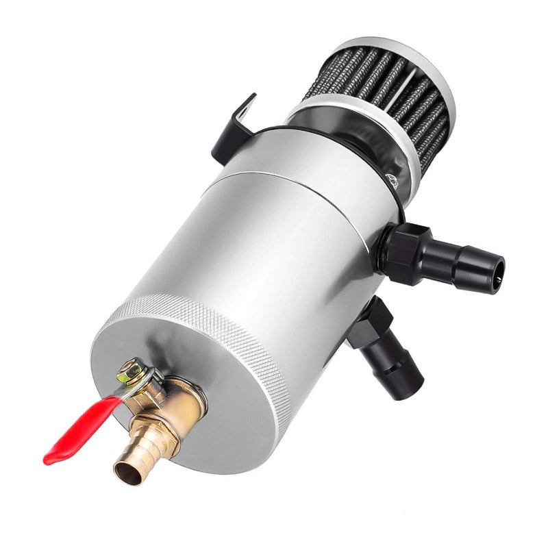 Universal Baffled Oil Catch Can with Breather Filter and Drain Valve 2 Ports oulet inlet150ml Billet Aluminum Oil Separator Catch Can Oil Reservoir Tank4 AdaptersScrewsWashers IncludedSilver