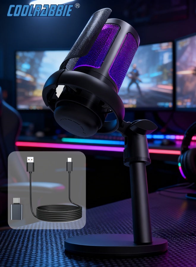 CoolRabbie Gaming Microphone With Stand for PC: USB Mic for Podcasts Videos & Streaming - Condenser Mic with Quick Mute & Pop Filter - RGB Microphone Gift for Gamer boys - Compatible with PS4/PS5 & Computer & Laptop