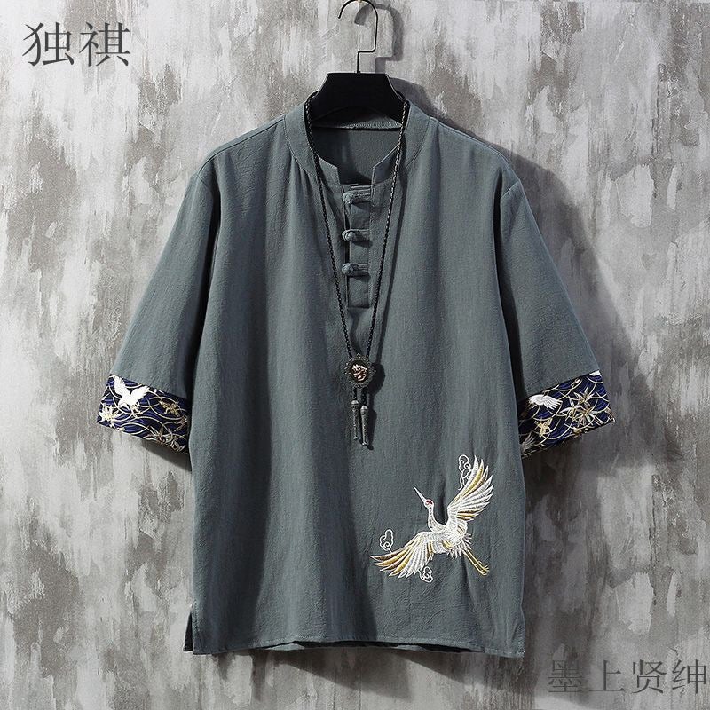 Embroidered Linen Short-sleeved T-shirt Men's Summer Thin Loose Trendy Brand plus size Tang Chinese Style Cotton and Linen Buckle T-shirt - Image 2