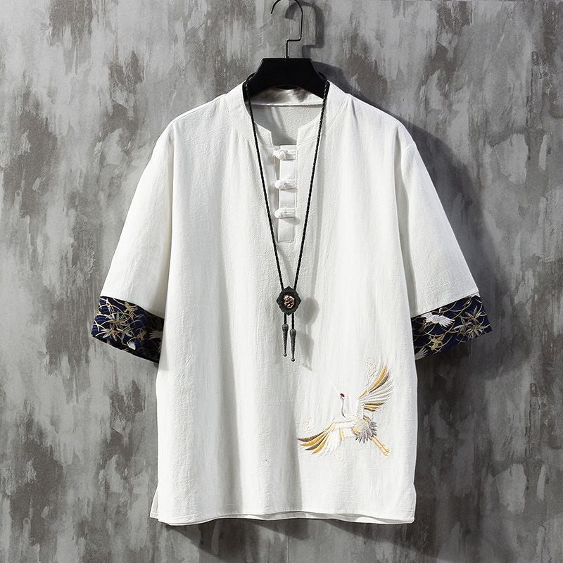 Embroidered Linen Short-sleeved T-shirt Men's Summer Thin Loose Trendy Brand plus size Tang Chinese Style Cotton and Linen Buckle T-shirt - Image 3