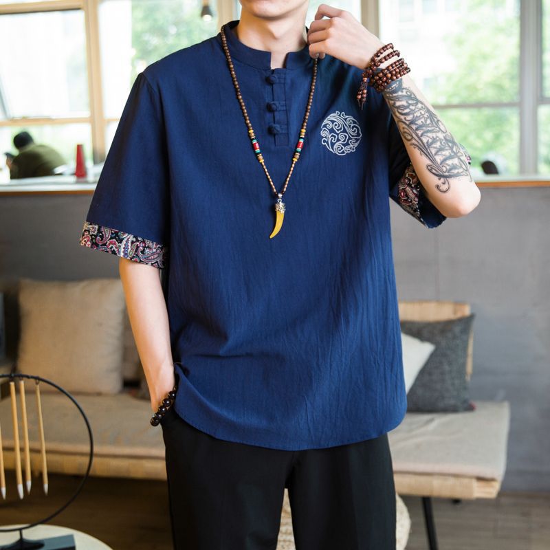 Embroidered Linen Short-sleeved T-shirt Men's Summer Thin Loose Trendy Brand plus size Tang Chinese Style Cotton and Linen Buckle T-shirt - Image 1
