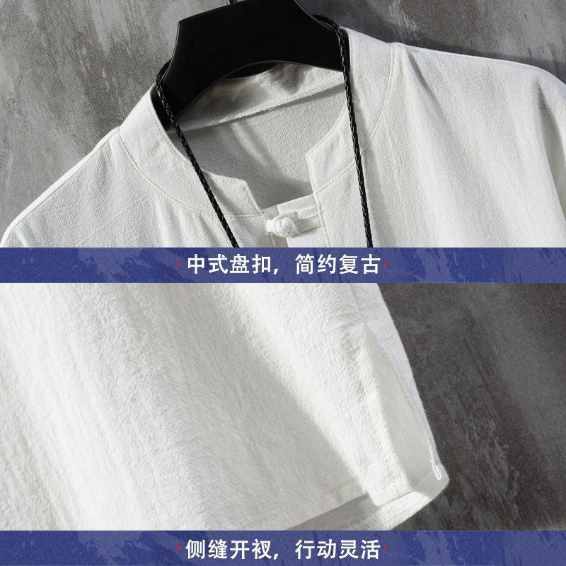 Embroidered Linen Short-sleeved T-shirt Men's Summer Thin Loose Trendy Brand plus size Tang Chinese Style Cotton and Linen Buckle T-shirt - Image 4