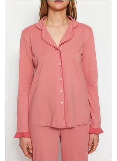 trendyol Dusty Rose 100% Cotton Ruffled Bias Shirt-Pants Knitted Pajama Set THMAW24PT00007  - Image 4