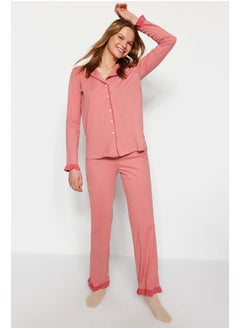 trendyol Dusty Rose 100% Cotton Ruffled Bias Shirt-Pants Knitted Pajama Set THMAW24PT00007  - Image 1