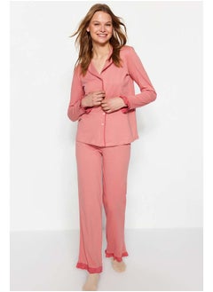 trendyol Dusty Rose 100% Cotton Ruffled Bias Shirt-Pants Knitted Pajama Set THMAW24PT00007  - Image 3