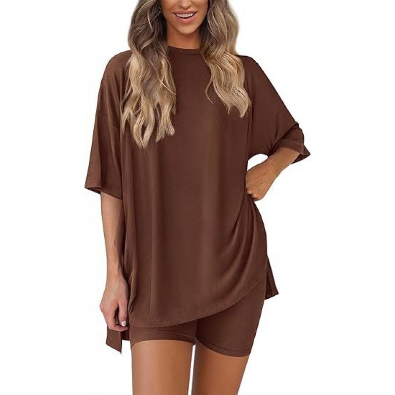2025 spring and summer Europe and the United States cross-border Amazon new loose fashion solid color casual short sleeve shorts two-piece suit Dark brown 