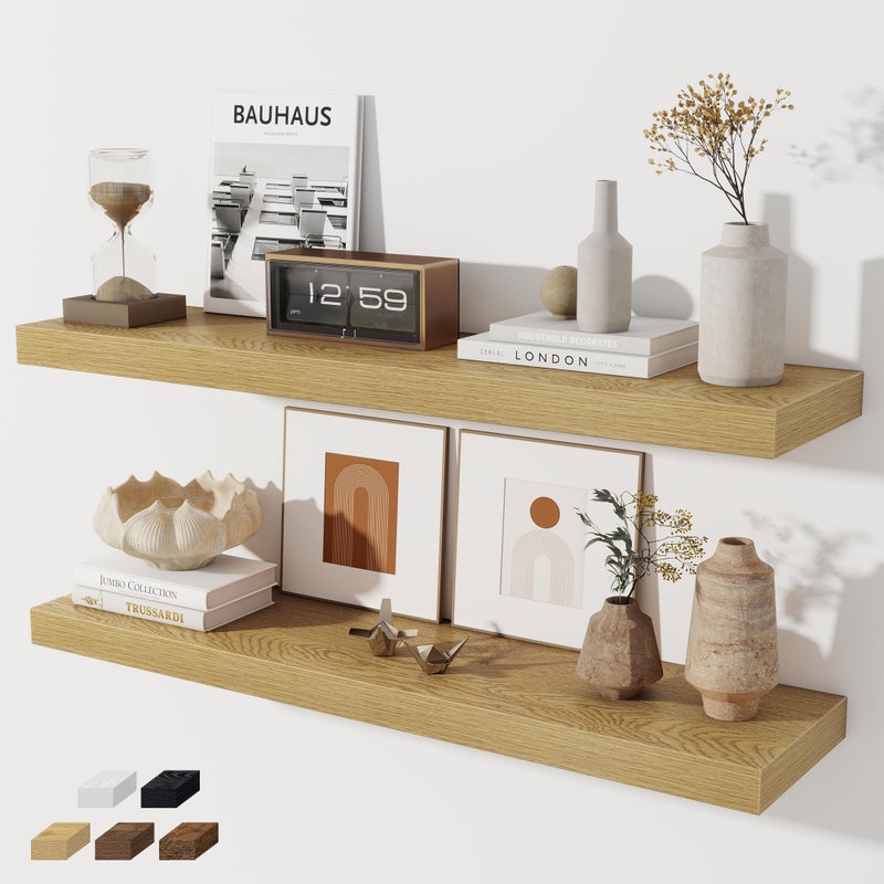 Fun Memories 36 Inch Floating Shelves, Wall Shelves Set of 2 for Bathroom/Living Room/Bedroom/Kitchen, Wall Mounted Floating Shelf for Home Decor with Invisible Brackets, Oak - Image 1