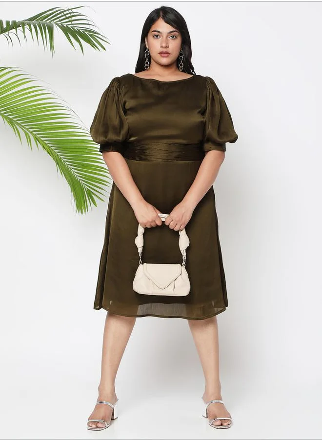 ميش Solid Bishop Sleeve A-Line Dress with Pleated Waist Detail