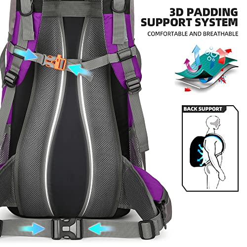 King'sGuard 70L Hiking Backpack Large Lightweight Waterproof Camping Backpack Travel Backpacking Backpack Daypack with Rain Cover -Frameless (Purple) - Image 5