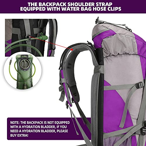 King'sGuard 70L Hiking Backpack Large Lightweight Waterproof Camping Backpack Travel Backpacking Backpack Daypack with Rain Cover -Frameless (Purple) - Image 3