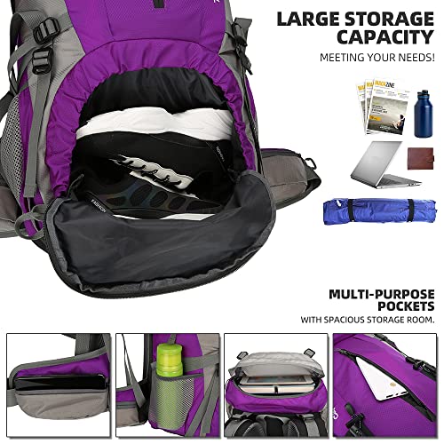 King'sGuard 70L Hiking Backpack Large Lightweight Waterproof Camping Backpack Travel Backpacking Backpack Daypack with Rain Cover -Frameless (Purple) - Image 4