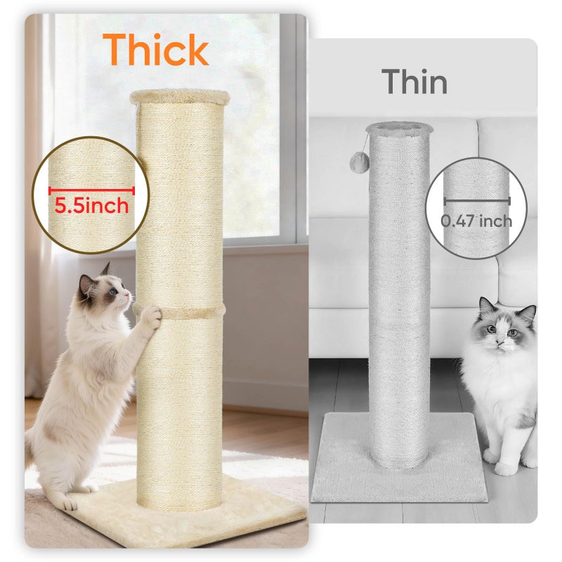 PAWSCRAT Cat Scratching Post 32 Inch High, 5.5 Inch Large Diameter Natural Sisal Cat Scratch Post, Scratch-Resistant and Durable Tall Cat Scratcher for Indoor Cats, Protect Your Furniture, Beige - Image 3