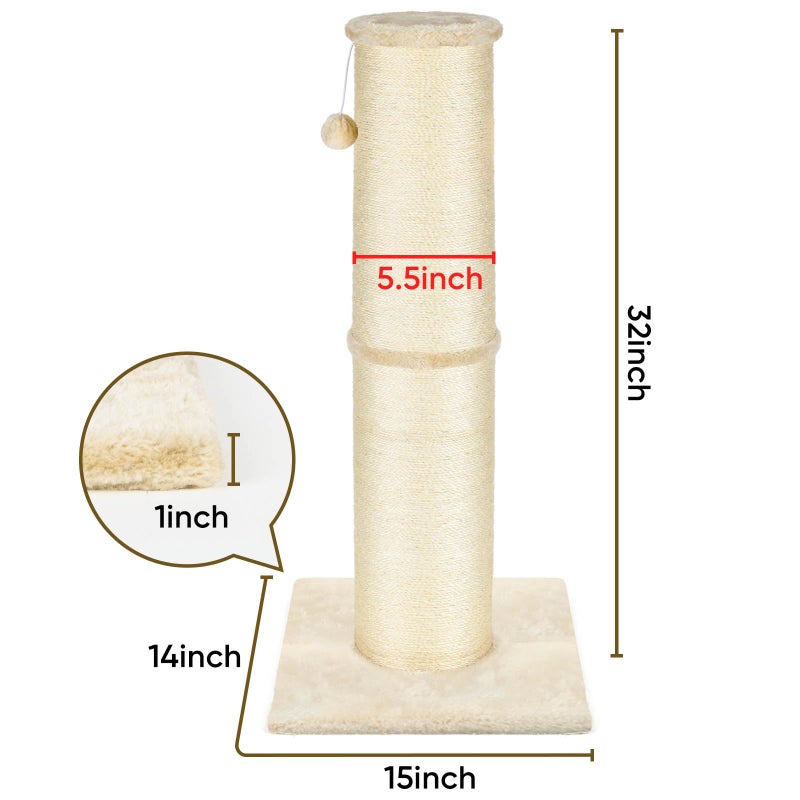 PAWSCRAT Cat Scratching Post 32 Inch High, 5.5 Inch Large Diameter Natural Sisal Cat Scratch Post, Scratch-Resistant and Durable Tall Cat Scratcher for Indoor Cats, Protect Your Furniture, Beige - Image 2