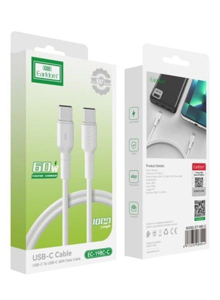 Earldom Charging Cable EC-198 Type-C To USB-C 60W 1m - White - Image 2