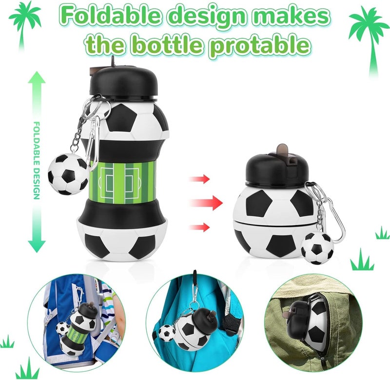 Koochie-Koo Football Design Silicone Collapsible Water Bottles, Portable Sports Bottle with Carabiner Clip, Leak Proof, BPA Free, Sipper Cup with Sippy Straw, 3+ Years, 550 ml (Pack of 1, White) - Image 2
