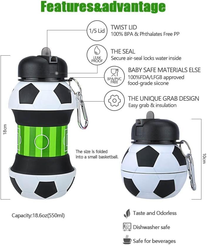 Koochie-Koo Football Design Silicone Collapsible Water Bottles, Portable Sports Bottle with Carabiner Clip, Leak Proof, BPA Free, Sipper Cup with Sippy Straw, 3+ Years, 550 ml (Pack of 1, White) - Image 3