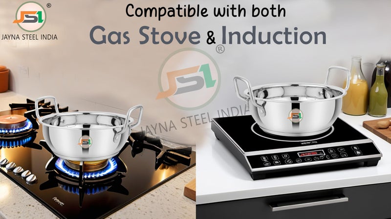 JSI قدر كادهاي من الفولاذ المقاوم للصدأ مع قاعدة تحريضية (قطر - 21 سم، سعة - 2 لتر) قاعدة ثلاثية الطبقات مع مقبض قوي - 100% فولاذ غذائي كادهاي/ووك للمطبخ - Image 2