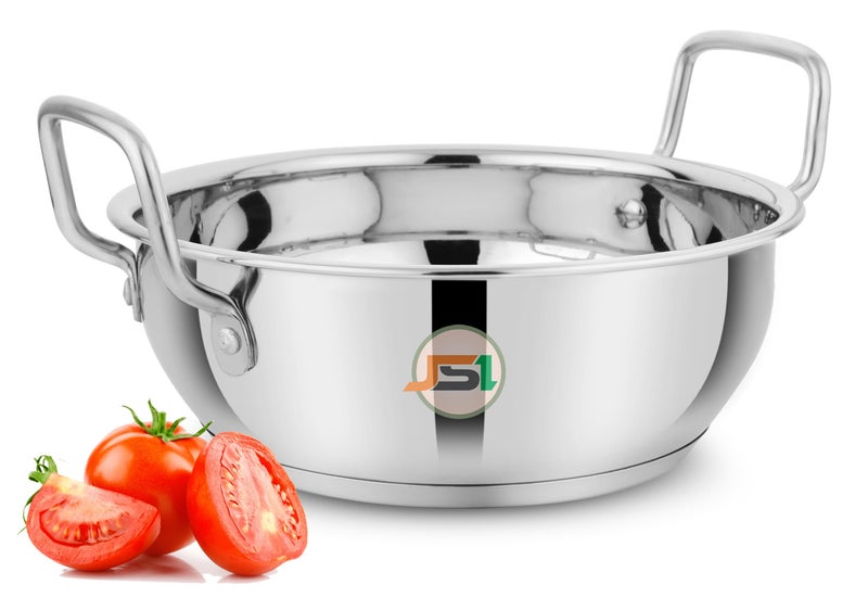 JSI قدر كادهاي من الفولاذ المقاوم للصدأ مع قاعدة تحريضية (قطر - 21 سم، سعة - 2 لتر) قاعدة ثلاثية الطبقات مع مقبض قوي - 100% فولاذ غذائي كادهاي/ووك للمطبخ - Image 1