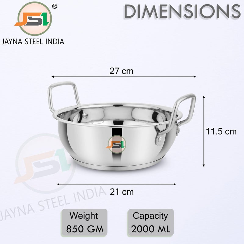 JSI قدر كادهاي من الفولاذ المقاوم للصدأ مع قاعدة تحريضية (قطر - 21 سم، سعة - 2 لتر) قاعدة ثلاثية الطبقات مع مقبض قوي - 100% فولاذ غذائي كادهاي/ووك للمطبخ - Image 3