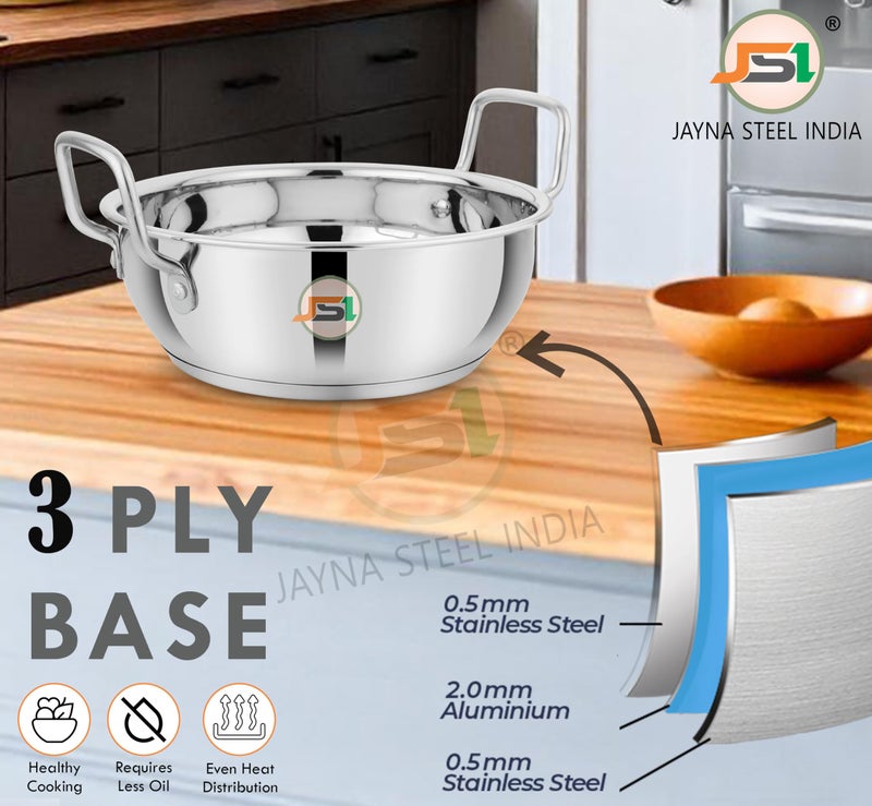 JSI قدر كادهاي من الفولاذ المقاوم للصدأ مع قاعدة تحريضية (قطر - 21 سم، سعة - 2 لتر) قاعدة ثلاثية الطبقات مع مقبض قوي - 100% فولاذ غذائي كادهاي/ووك للمطبخ - Image 4