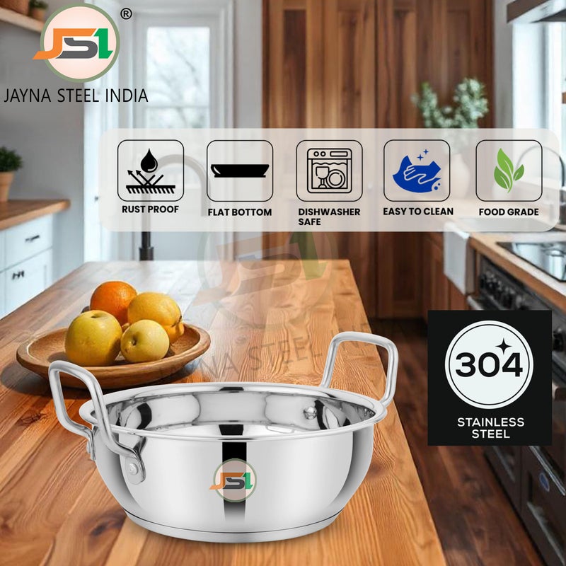 JSI قدر كادهاي من الفولاذ المقاوم للصدأ مع قاعدة تحريضية (قطر - 21 سم، سعة - 2 لتر) قاعدة ثلاثية الطبقات مع مقبض قوي - 100% فولاذ غذائي كادهاي/ووك للمطبخ - Image 5