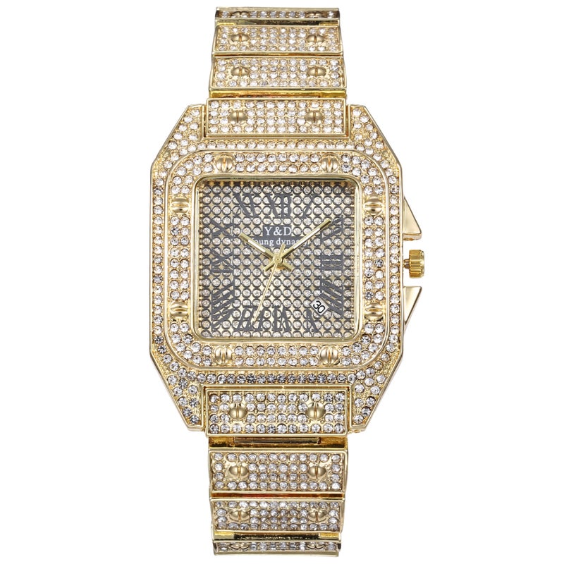 300Klab Watch Special Hip-Hop Rap Mens Full Diamond Rhinestone British Watch with Calendar Fashion Steel Strap Watch Gold 