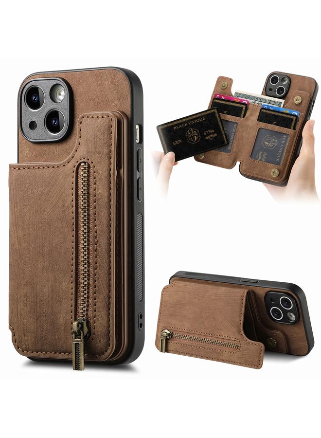 جرين تايجر حافظة هاتف جلدية ريترو بسحاب خلفي لهاتف iPhone 15 (بني)