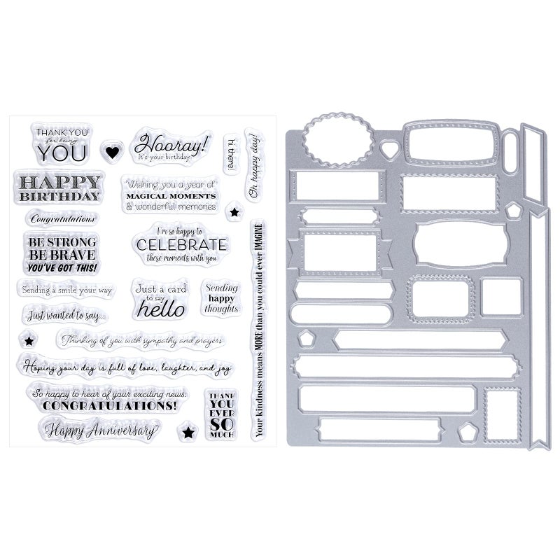 Sucrain 2pcs Metal Dies Cut and Clear Silicone Stamp for Card Making Paper Craft Scrapbooking Album DIY Sentiment Words Stencils Carbon Steel Embossing Template