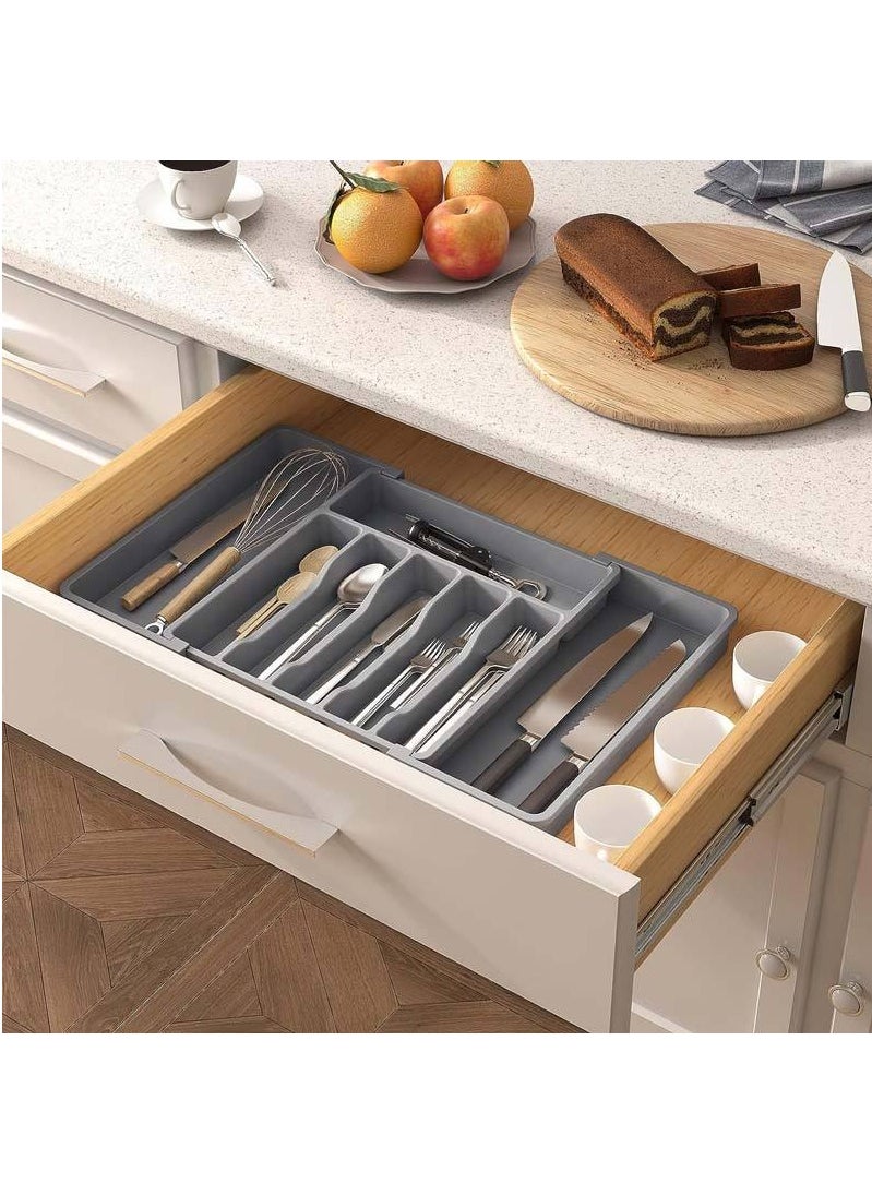 Generic - Expandable Cutlery Drawer Organizer, Plastic Silverware Tray for Kitchen, Adjustable Flatware with 8 Compartments, Non-Slip Utensil for Knives Spoons Forks, Fits Most Drawers, Grey - Image 1