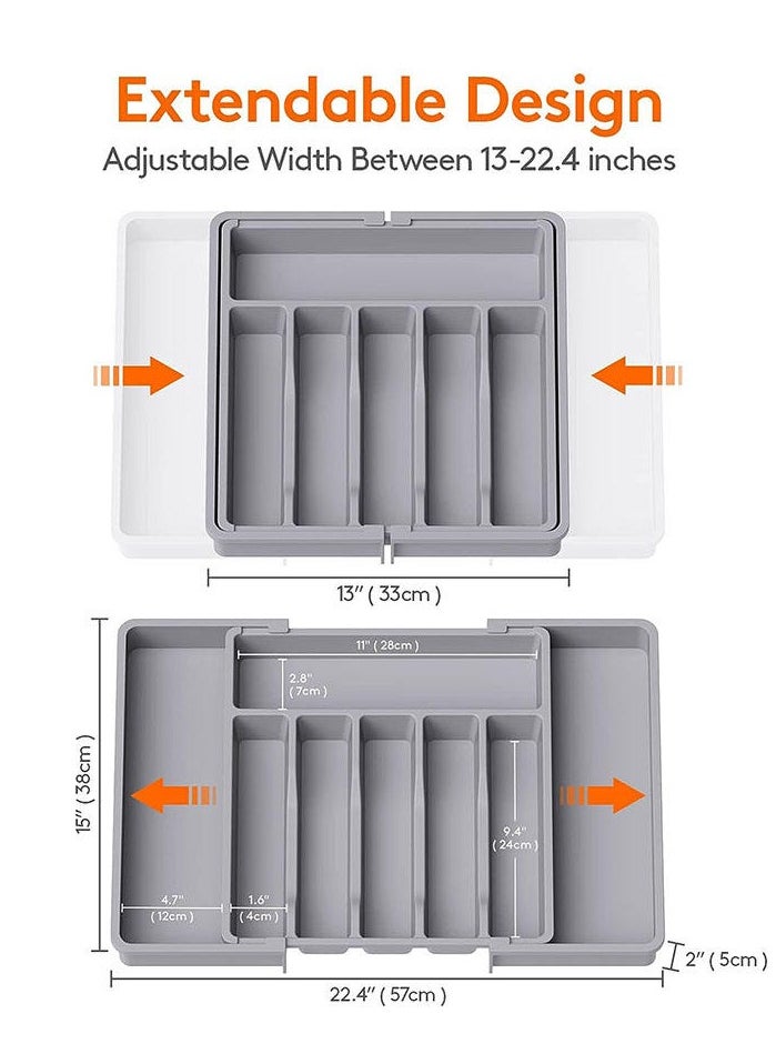 Generic - Expandable Cutlery Drawer Organizer, Plastic Silverware Tray for Kitchen, Adjustable Flatware with 8 Compartments, Non-Slip Utensil for Knives Spoons Forks, Fits Most Drawers, Grey - Image 1