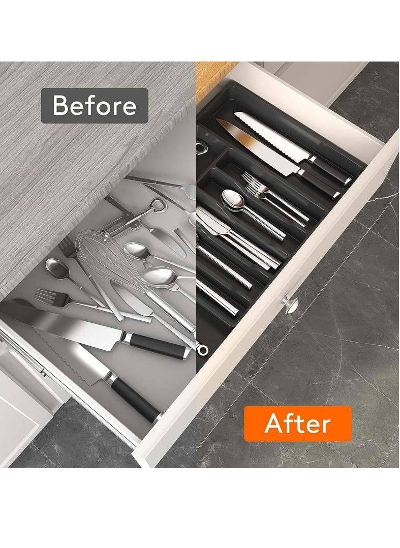 Generic - Expandable Cutlery Drawer Organizer, Plastic Silverware Tray for Kitchen, Adjustable Flatware with 8 Compartments, Non-Slip Utensil for Knives Spoons Forks, Fits Most Drawers, Grey - Image 1