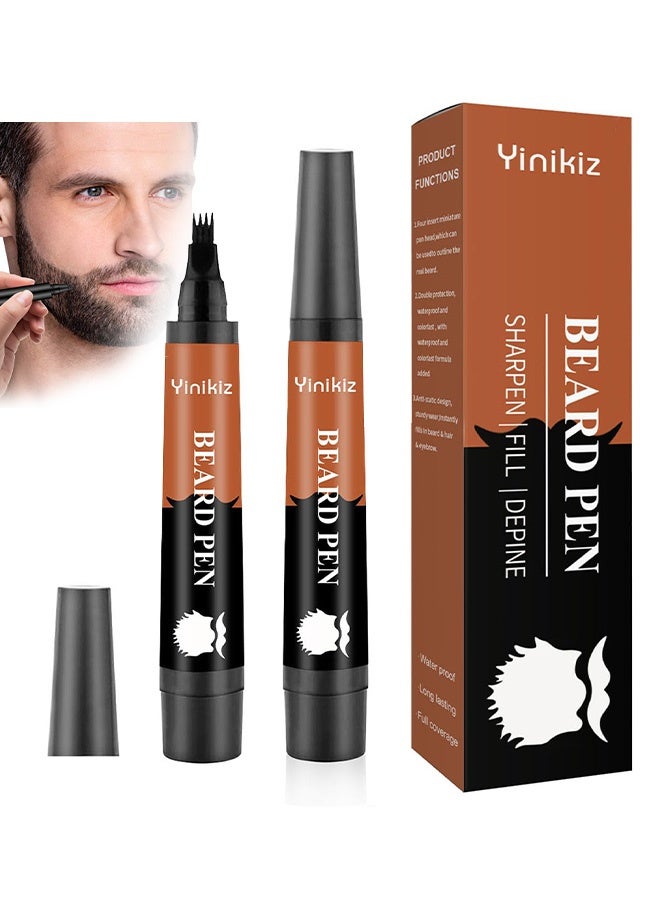 Yinikiz Beard Pen - 2 PCS Beard Pencil Filler for Men , 4-fork Tip Beard Styling Pen - Beard, Moustache & Eyebrows, Long Lasting Coverage Natural Finish, Waterproof Beard Pencil Kit for Father Male Gift 02#Black - Image 1