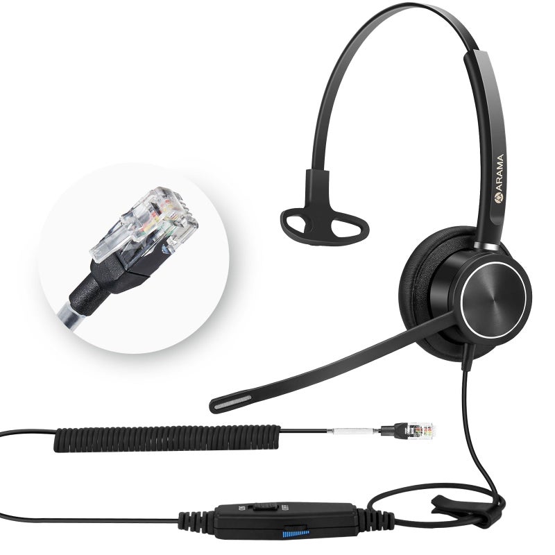 Arama RJ9 Telephone Headset with Noise Canceling Mic & Corded Office Phone Headset Compatible with Polycom Plantronics ShoreTel Toshiba Digium Nortel Landline Phones - Image 1