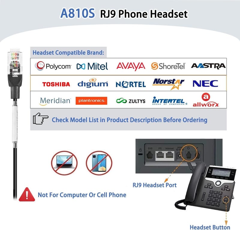 Arama RJ9 Telephone Headset with Noise Canceling Mic & Corded Office Phone Headset Compatible with Polycom Plantronics ShoreTel Toshiba Digium Nortel Landline Phones - Image 2