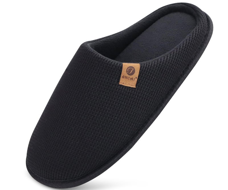 ONCAI Mens Slippers with Cushion Memory Foam Cotton-Blend High-Density Warm House Slippers for man 2026 Slip-on Indoor Outdoor Comfortable Best House Shoes Rubber Sole Black Size 9 US - Image 1