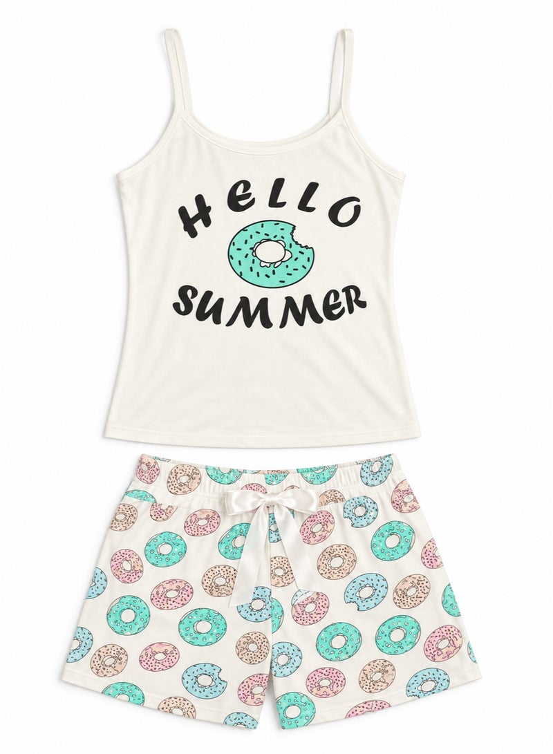 zecotex  Women's 2-Piece 100% Cotton Summer Pajama Set - Cami Top & Donut Printed Shorts - Tiffany Green & White - Image 3