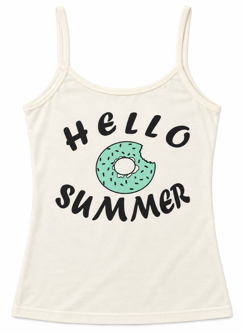 zecotex  Women's 2-Piece 100% Cotton Summer Pajama Set - Cami Top & Donut Printed Shorts - Tiffany Green & White - Image 4