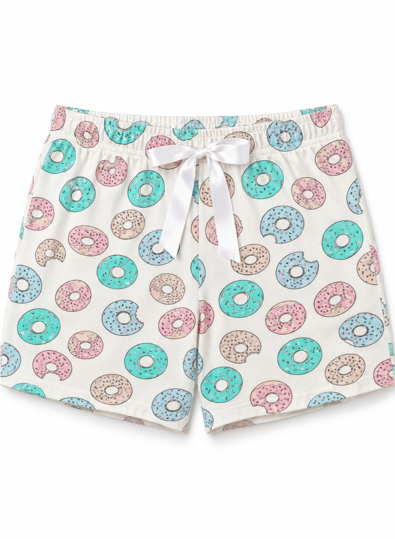 zecotex  Women's 2-Piece 100% Cotton Summer Pajama Set - Cami Top & Donut Printed Shorts - Tiffany Green & White - Image 5