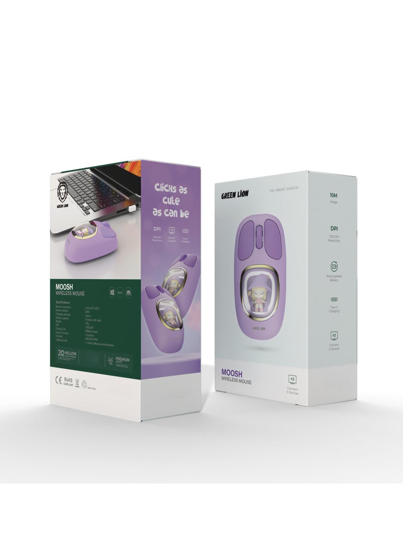 GREEN LION Moosh Wireless Mouse 1200 DPI / 3 Button Function / Connect 3 Devices / 10m Range- Purple  - Image 4